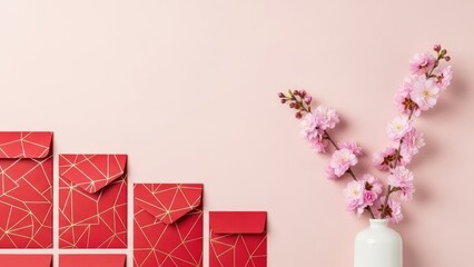 Traditional red envelopes and elegant pink spring blossoms create a festive and prosperous scene, symbolizing good fortune and new beginnings for Lunar New Year celebrations