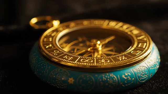 Ornate Golden Compass - A macro shot showcases an intricately designed compass with a golden finish and a blue band adorned with celestial motifs.