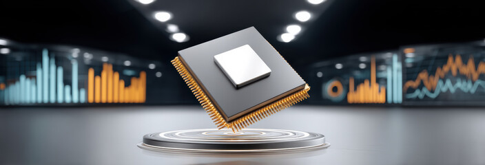 Smart ai chip hovering above platform futuristic data visualization modern computing