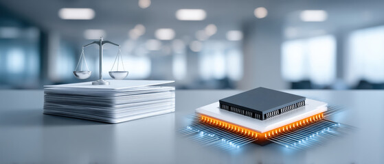 Modern office concept showing ai chip beside legal documents and scale of justice balancing