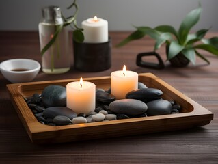 Serene Spa Scene with Lit Candles, Stones and Essential Oils | Relaxation Atmosphere spa still life with candles