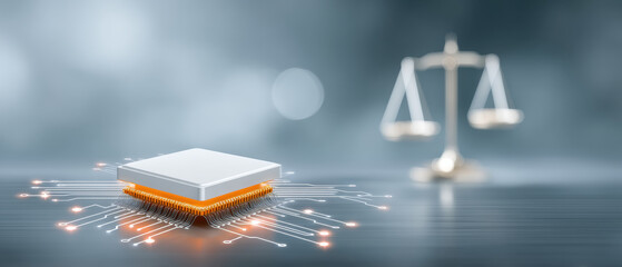 Ai chip on glowing circuit with legal scale blurred in background balancing technology and ethics