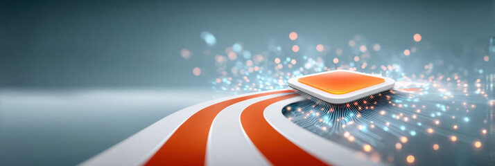 Futuristic ai chip on illuminated circuit with glowing data trails and dynamic motion