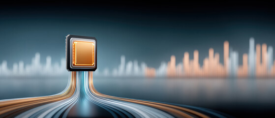 Ai chip glowing on circuit pedestal with flowing data lanes and abstract city graph skyline