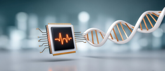 Ai chip linking microchip to dna helix with glowing signal heartbeat implying biotech innovation