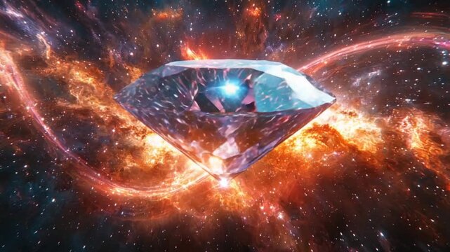 A magnificent diamond floats amidst swirling celestial nebulae, a breathtaking spectacle of cosmic proportions.