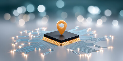 Ai chip location marker on circuit board glowing tech concept with warm light mood
