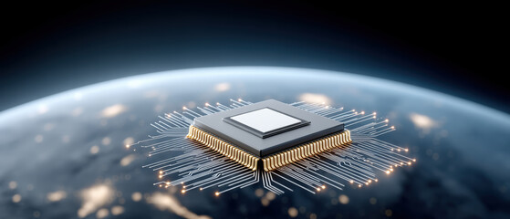 Smart ai chip on circuit board over earth background glowing with futuristic light