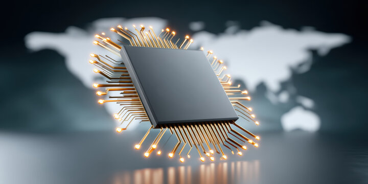 Ai chip glowing microprocessor floating over blurred world map futuristic technology concept - Powered by Adobe