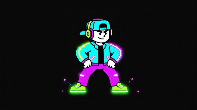 Vibrant Neon Cartoon Character Dancing with Headphones on Black Background