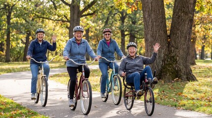 Senior women enjoying bike ride together in autumn park