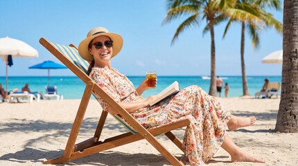 Relaxed woman enjoying summer vacation on beach with drink and book
