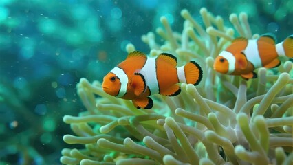 Two clownfish swim among sea anemones, with clear seawater and vibrant colors showcasing the lively beauty of the underwater ecosystem.