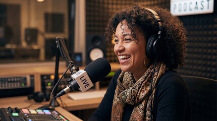 Smiling woman hosting live podcast in professional recording studio
