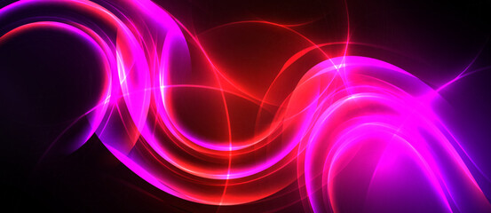 Abstract vibrant light curves. Red, purple hues blend, creating dynamic energy flow. Smooth shapes suggest movement, depth. © antishock