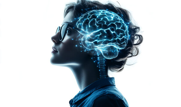 girl short hair in glasses is thinking about something futuristic and high-tech	