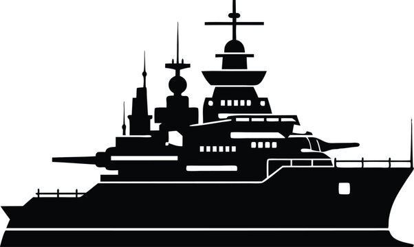 Detailed Battleship Silhouette Illustration in Black and White