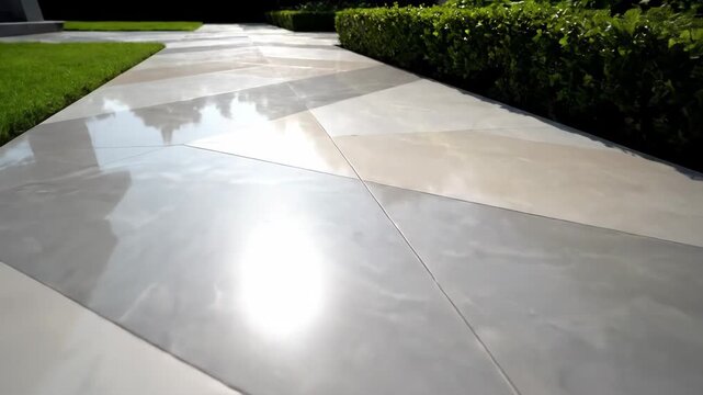 Modern Tiled Patio and Garden - A ground-level shot highlights a modern patio design with large, geometric tiles in varying light gray tones.