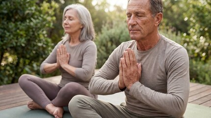 Meditating senior couple enjoying peaceful yoga together outdoors
