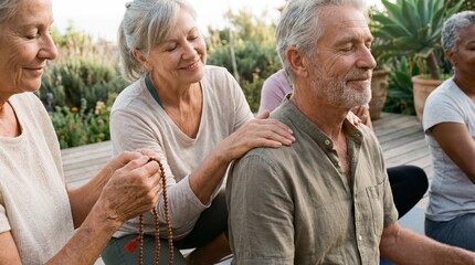 Senior friends meditating together outdoors in harmony