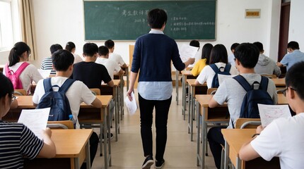 High school students taking exam in classroom with teacher
