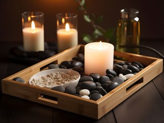Spa Composition with Essential Oil, Pebbles and Candlelight | Tranquil Wellness Image candles and stones