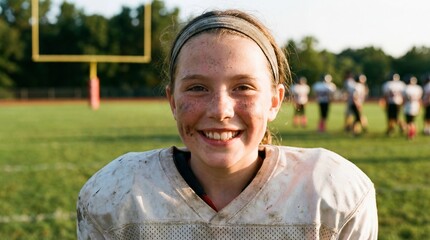 Young woman smiling on football field after game