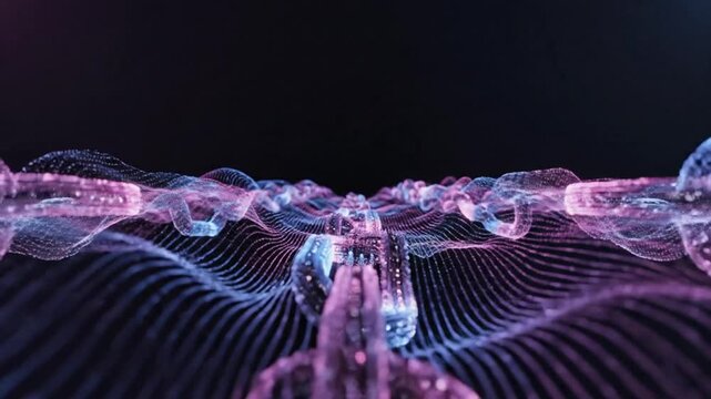 Glowing Blockchain Links forming a Wavy Digital Network. Futuristic concept of secure data, cryptocurrency, and distributed ledger technology.