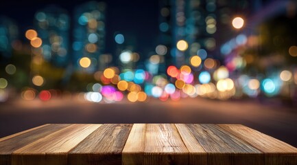 A blurred cityscape at night, seen over a textured wooden surface. Lights glow