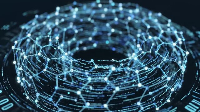 Dynamic network connections forming a circular pattern with glowing nodes