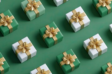 Rows of elegantly wrapped gifts, alternating green and white, adorned with golden ribbons