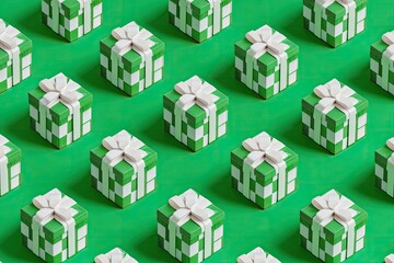 Array of green, white, and pixelated gift boxes with white bows on a bright green background