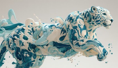 A leaping wild cat form sculpted from liquid, featuring swirls of blue and white against a light background