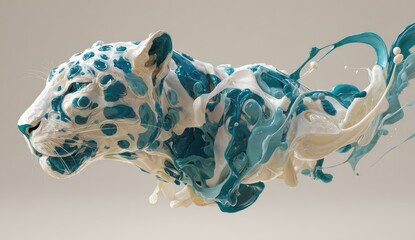 Artistic rendering of a big cat, formed by liquid paint splashes, in motion