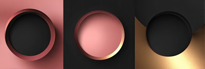 Three abstract design elements, featuring circular frames with gradient hues, and a dark center