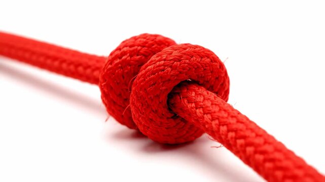 Red Rope Knot Macro - A macro shot showcases a vibrant red rope tied in a complex knot. The rough texture of the rope fibers are contrasted against a clean white background.
