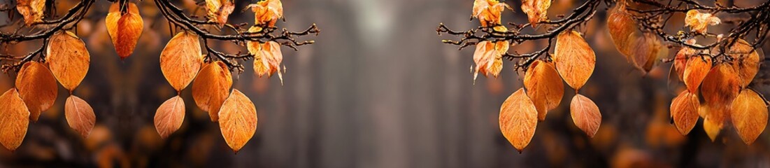 Branches with golden-orange leaves frame a blurred, neutral background, evoking autumn ambiance