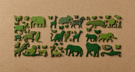 A collection of green animal cutouts, arranged on a neutral, textured background