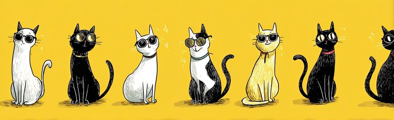 A cartoon illustration of stylized felines sporting sunglasses and various collars against a yellow backdrop