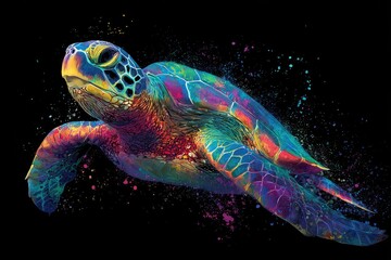 Vibrant artwork shows a sea turtle with colorful shell & surrounding spray of paint against black