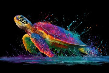 Colorful turtle emerges from water against black background with splashes and vibrant hues