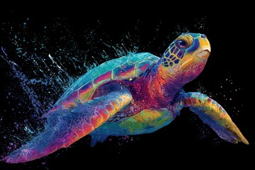 A vibrant watercolor painting shows a sea turtle swimming through a splash of colorful water against black