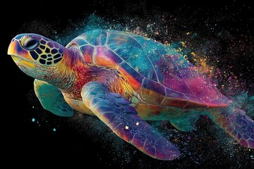 A vibrant sea turtle swims through a burst of colorful, abstract particles on a dark backdrop