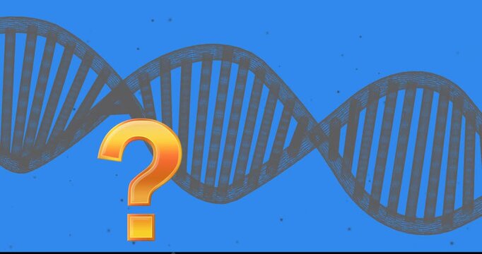 Animation of question mark sign over rotating dna helix against blue background