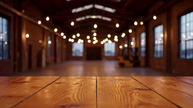 Rustic Wooden Table in Industrial Loft - A warm-toned wooden table takes center stage in this shot, set against the backdrop of a blurred industrial loft interior.