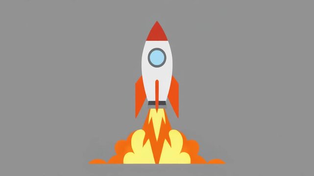 A cartoon-style rocket launching into the sky with orange and yellow flames from its engine, set against a plain grey background.