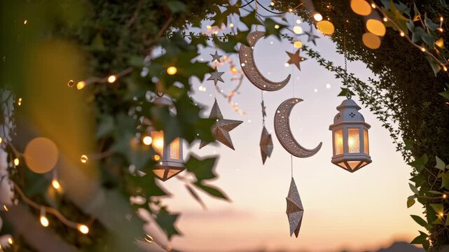 Mystical Ramadan Illustration Glowing Lanterns, Crescent Moons, and Stars Creating Serene Atmosphere