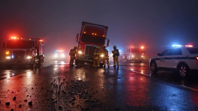 Truck Accident Scene at Night - A truck accident scene with firefighters and police responding at night.