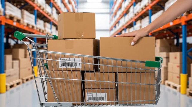 Warehouse Shopping Cart with Boxes - A shopping cart filled with cardboard boxes sits in the aisle of a large warehouse. A hand reaches into the cart to adjust one of the boxes.
