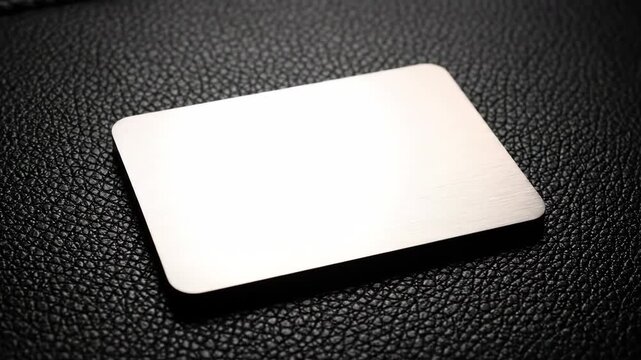 Metal Card on Leather - A blank, brushed metal card with rounded corners sits on a black leather surface. The light reflects off the metal, highlighting its smooth texture and clean design.
